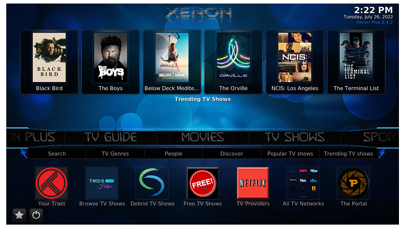 Une capture d'écran montrant certaines des catégories disponibles sur Xenon Kodi Build