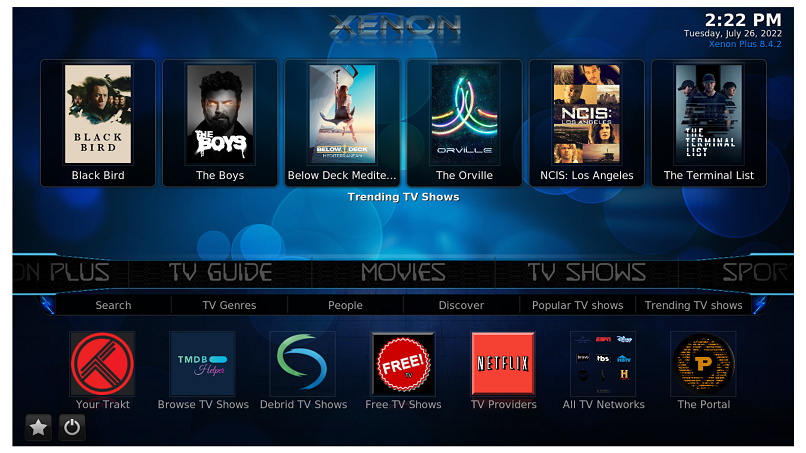 Una captura de pantalla que muestra algunas de las categorías disponibles en Xenon Kodi Build