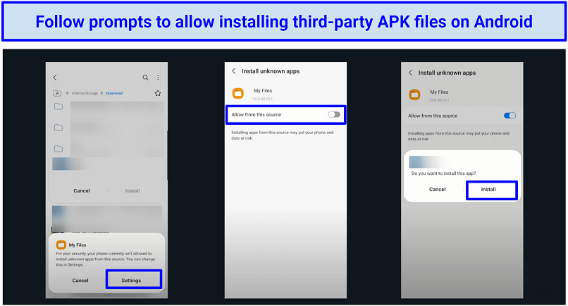Pictures of Android setting to install unknown apps