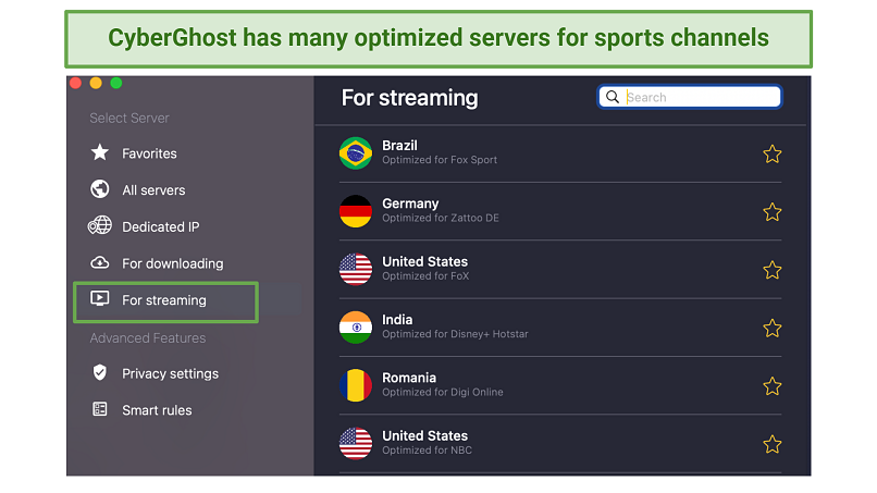 Screenshot of CyberGhost streaming-optimized servers