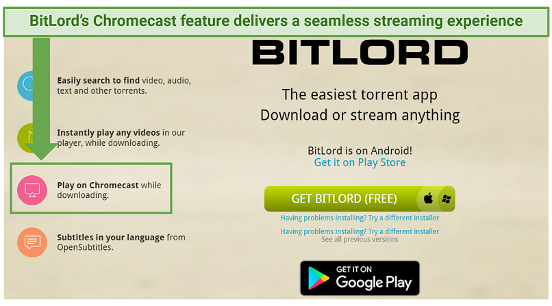 A screenshot showing BitLord's Play on Chromecast feature