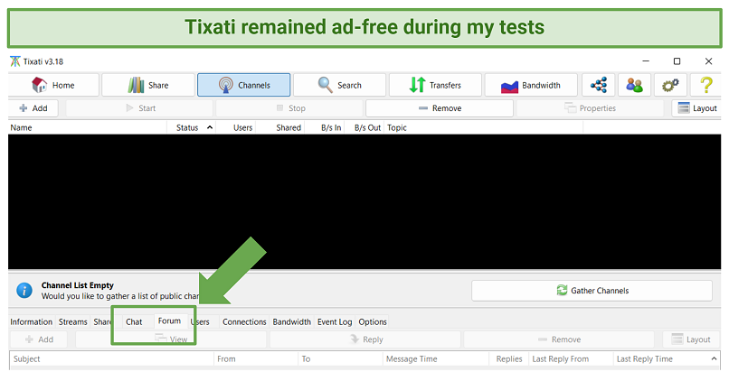 A screenshot showing Tixati offers an ad-free torrenting experience