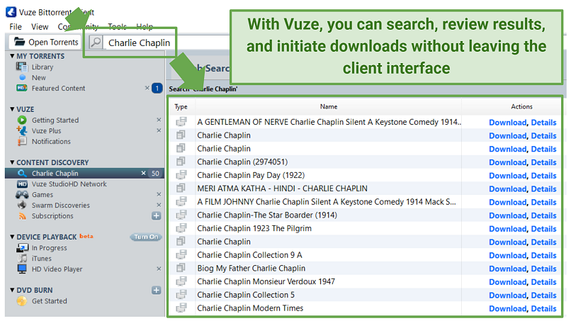 A screenshot showing Vuze comes with a built-in search engine