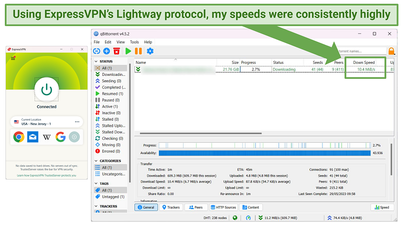 Screenshot of ExpressVPN delivering good torrenting speeds.