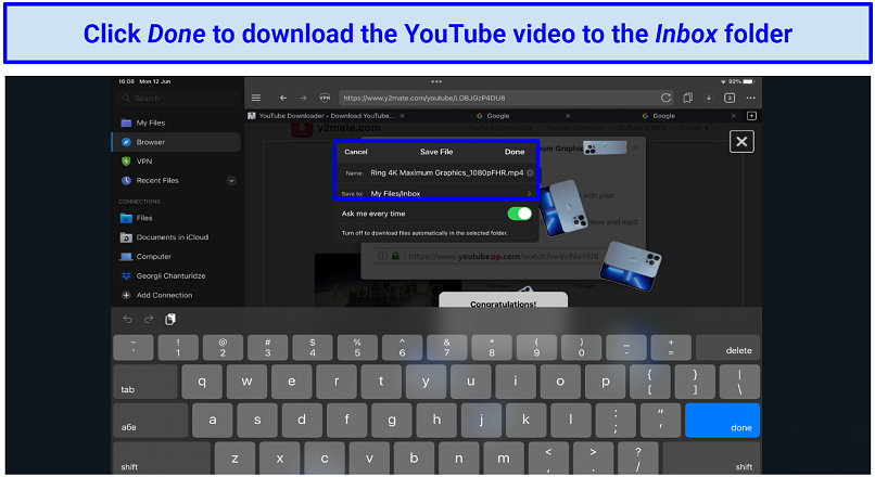 Picture of Readable app for iPad downloading a YouTube video