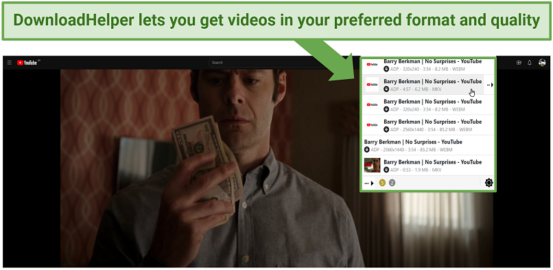 screenshot showing DownloadHelper working on YouTube