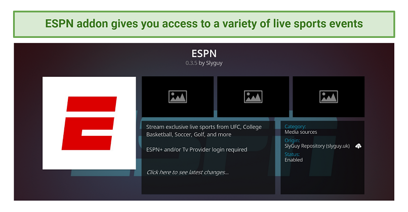 Screenshot of ESPN addon for Kodi from SlyGuy repository