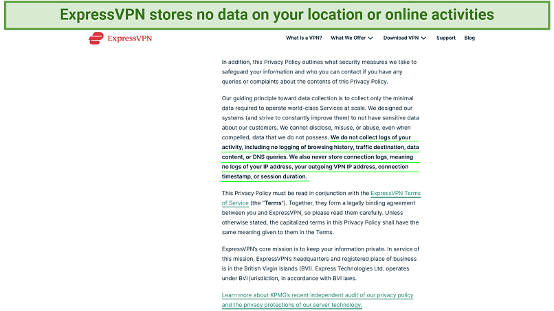 Captura de pantalla de la Política de privacidad de ExpressVPN que destaca lo que no recopila