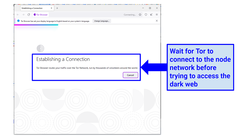 Screenshot showing the Tor interface as it establishes a connection to the network