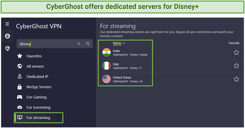 Screenshot of CyberGhost's Disney+ optimised servers.
