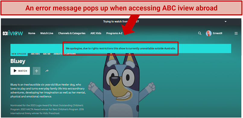 Screenshot of error message tryin to access ABC iview outside Australia