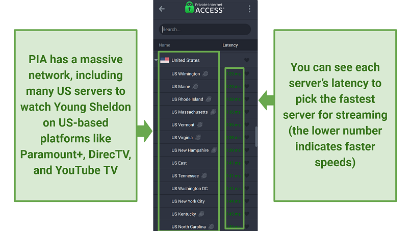 Screenshot of PIA's US servers