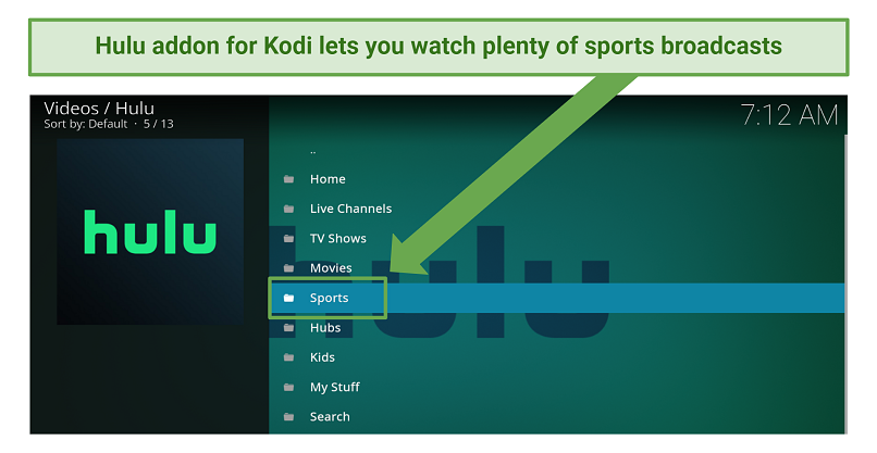 Screenshot of the Hulu addon for Kodi