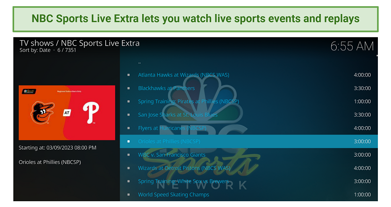 Screenshot of NBC Sports Live Extra Kodi sports addon