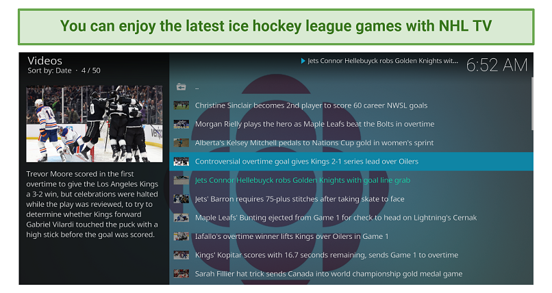 Screenshot of NHL TV sports addon for Kodi