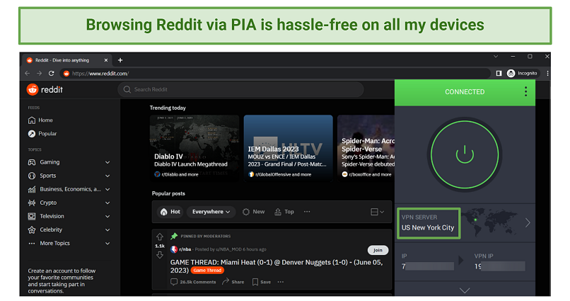 Screenshot of PIA used to unblock Reddit