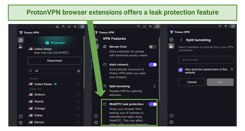 Screenshot of the ProtonVPN Chrome browser extension with leak protection enabled