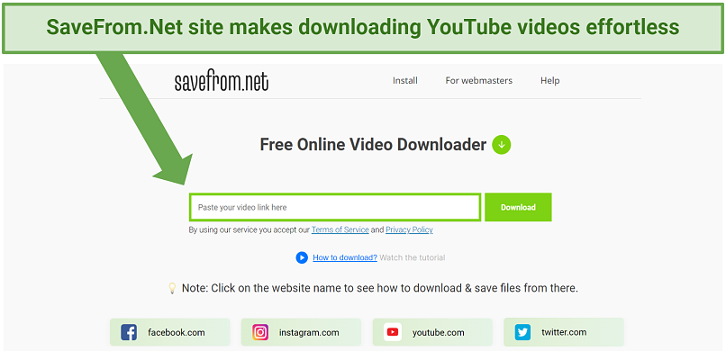 Screenshot form SaveFrom.Net for YouTube video downloading