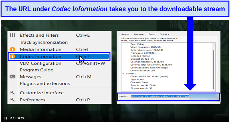 Pictures of VLC codec information windows with video URL