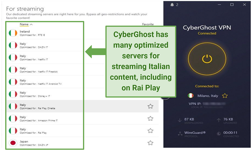 A screenshot of CyberGhost's streaming servers on the Windows app