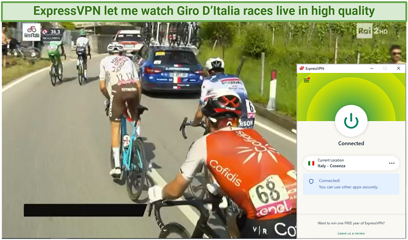 A screenshot of Giro D'Italia live stream unblocked with ExpressVPN