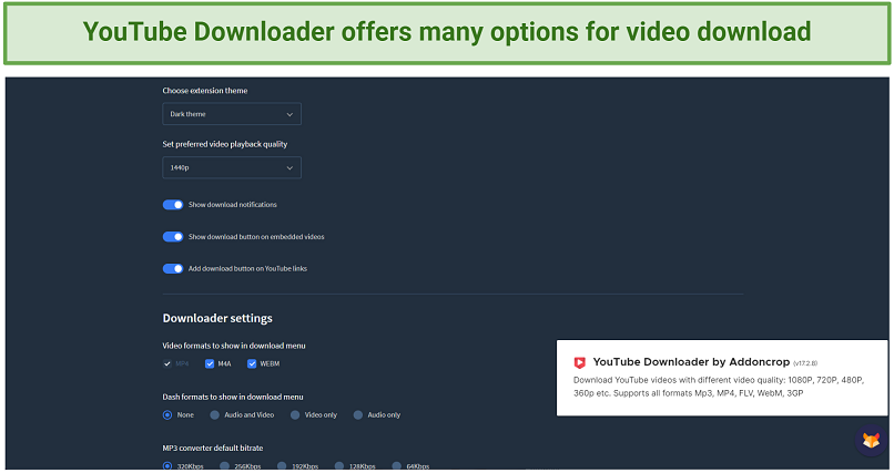 Screenshot of YouTube Downloader settings section