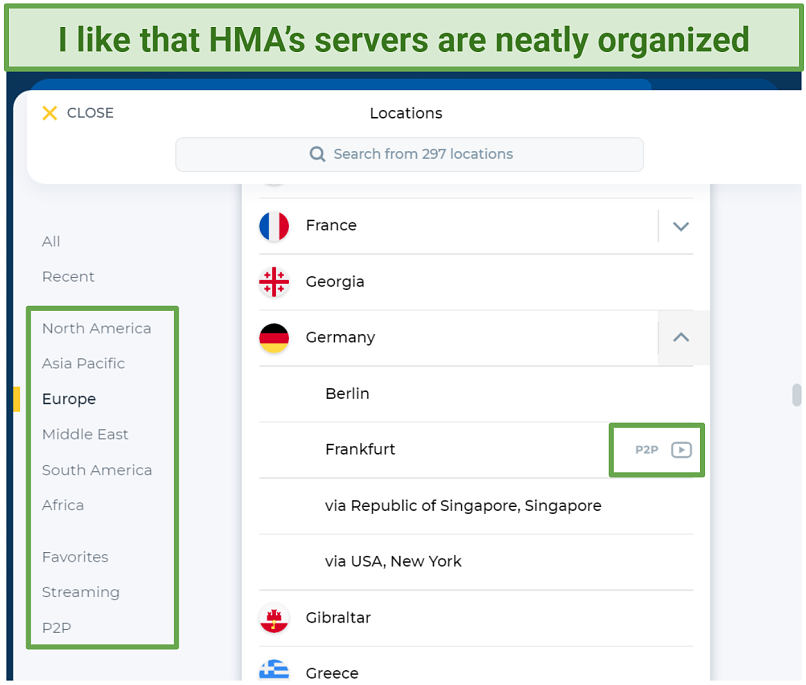 Screenshot of HMA's Windows app highlighting the server network