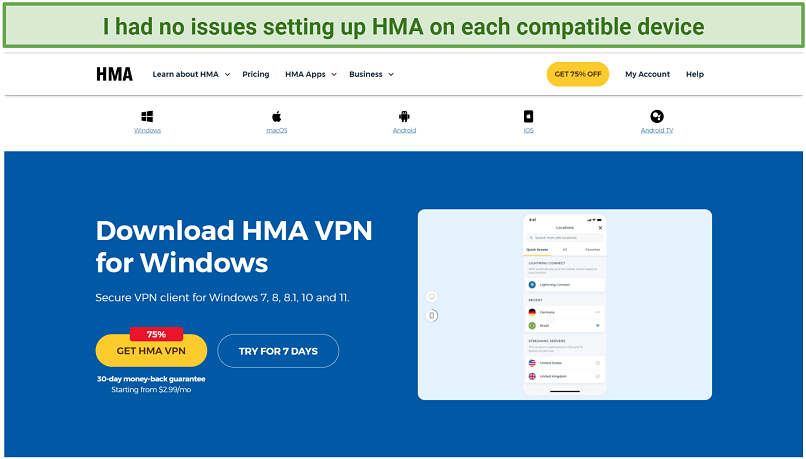 Screenshot of HMA's download page from the HMA website