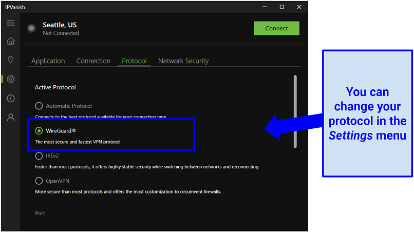 Screenshot of IPVanish's protocol settings