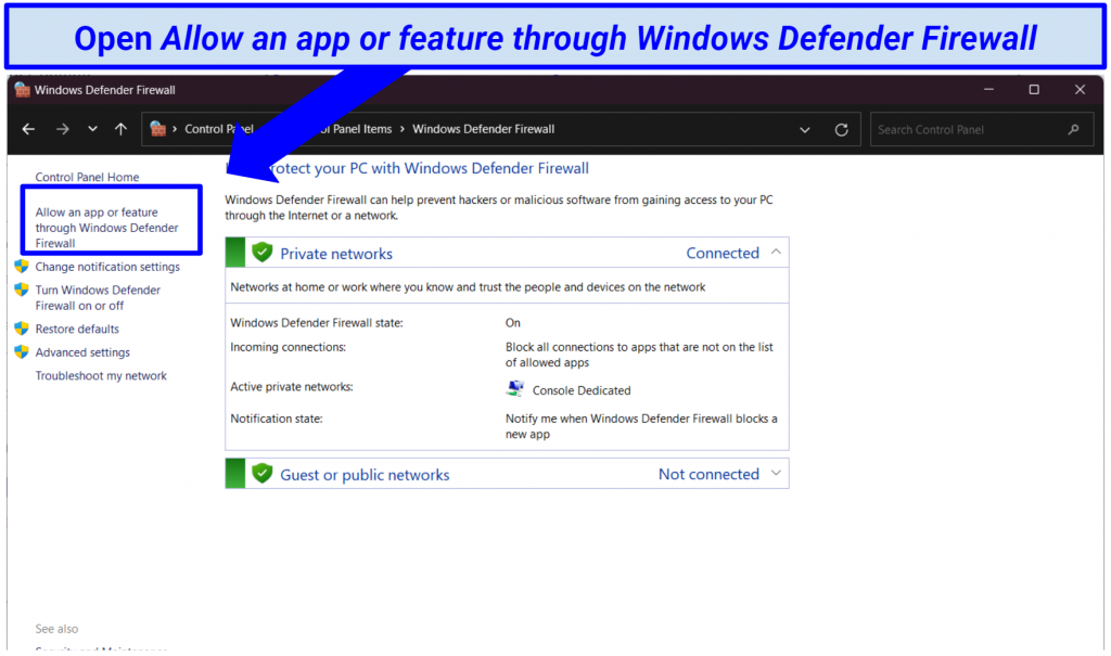 Screenshot of Windows Defender Firewall