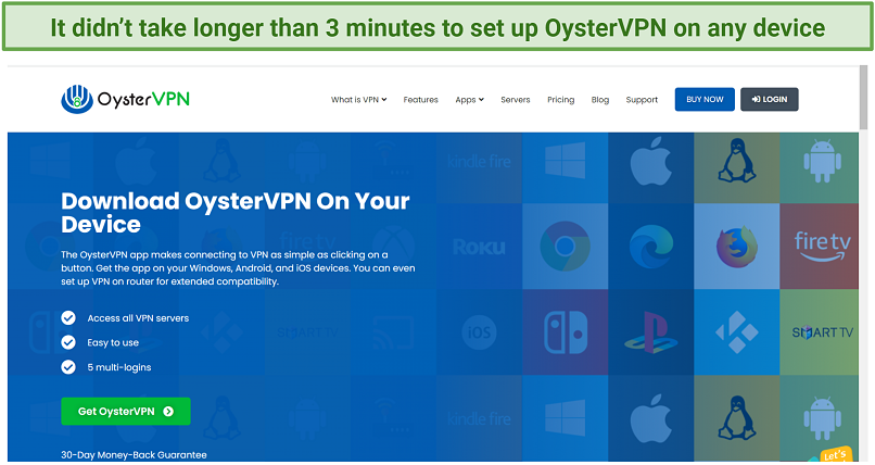 Screenshot of OysterVPN's download page highlighting the many devices it's compatible with