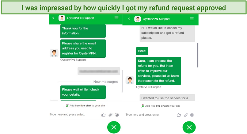Screenshot of conversation with OysterVPN support where we were approved to cancel our account and get a refund