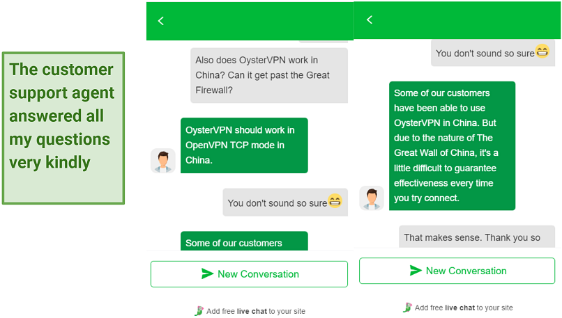 Screenshot of a conversation with OysterVPN support through its 24/7 live chat