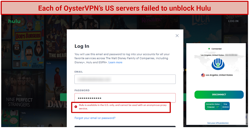Screenshot of Hulu website detecting our VPN use while connected to OysterVPN