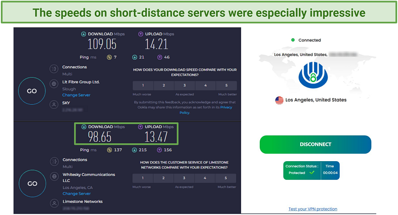 Screenshot of Ookla speed tests done with no VPN and while connected to OysterVPN