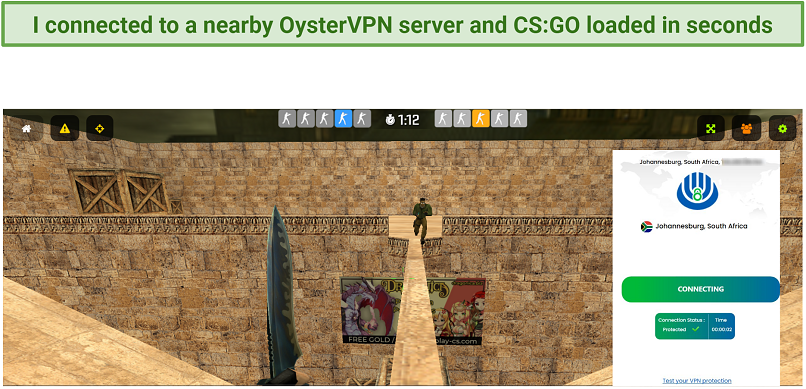 Screenshot of the game CS:GO running while connected to OysterVPN's Johannesburg server