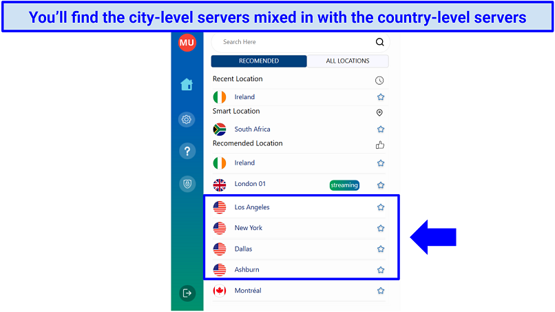 Screenshot of OysterVPN's Windows app highlighting the city-level US servers in the server list