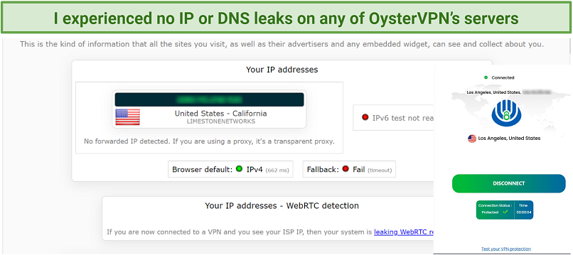 A screenshot showing OysterVPNs no-leaks results form ipleaks.net
