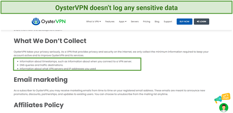 A screenshot of OysteVPN's privacy policy showing the kind of data it collects.