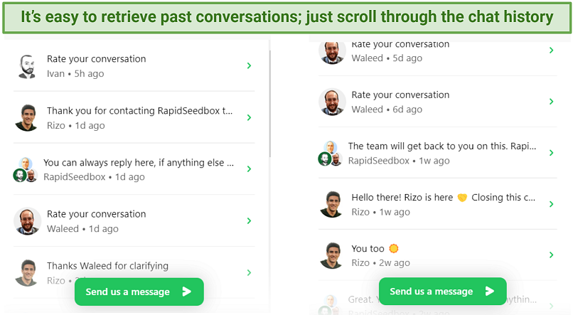 A screenshot showing RapidSeedbox retains chat history