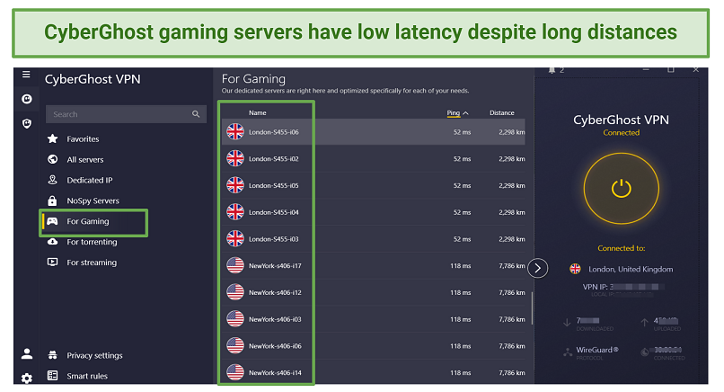 Screenshot of CyberGhost gaming servers