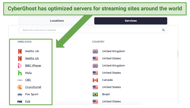A screenshot showing CyberGhost's streaming-optimized servers for different international platforms