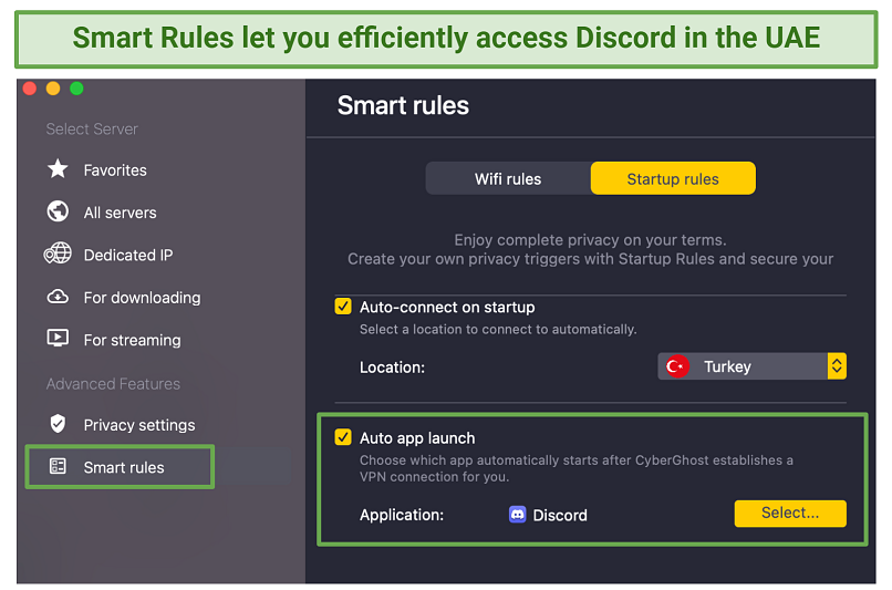 Screenshot of CyberGhost Smart Rules