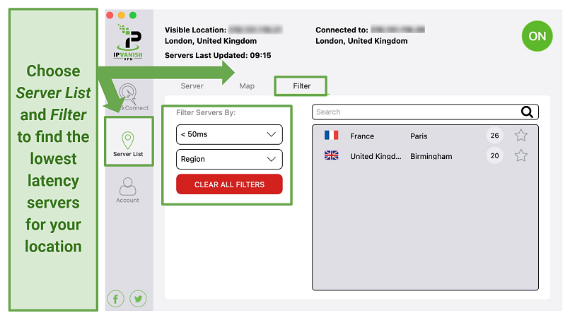 Screenshot of the IPVanish interface showing low-latency servers