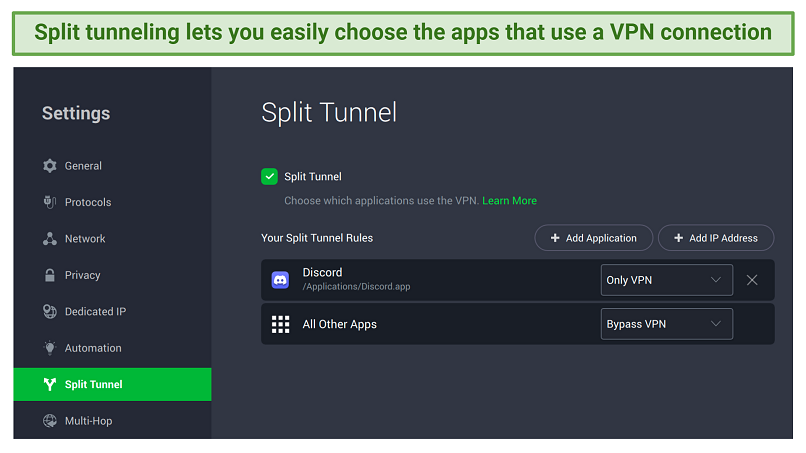 Screenshot of PIA's split tunnelling settings