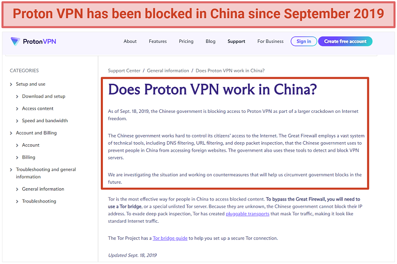 Screenshot of Proton VPN's announcement stating that the VPN doesn't work in China