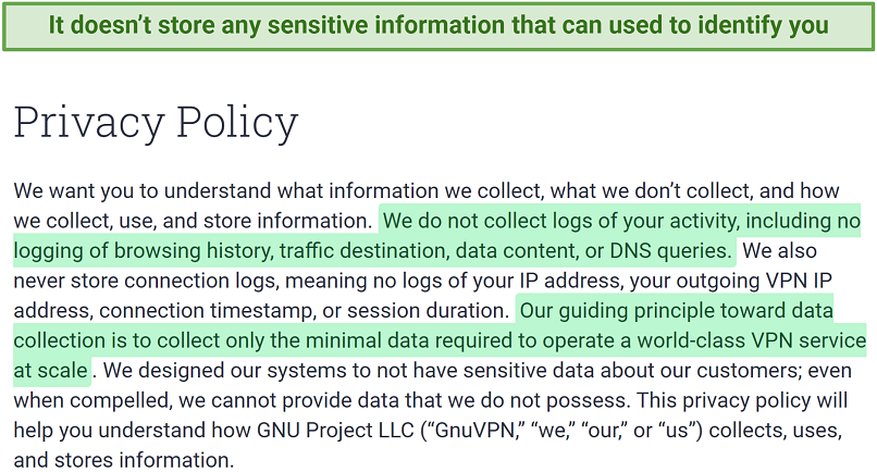A screenshot showing GnuVPN doesn't store any identifiable information