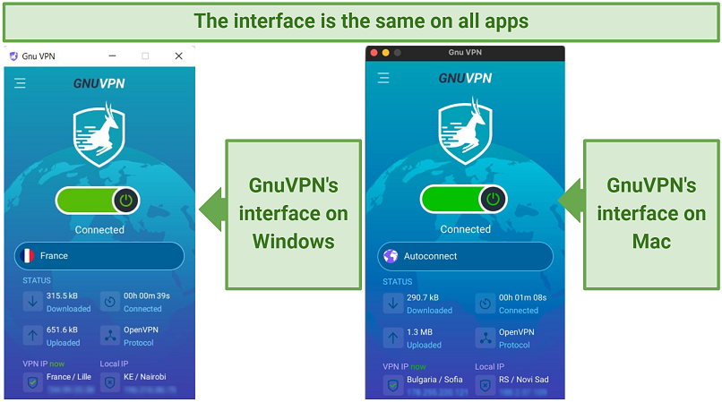 Screenshot showing GnuVPN's apps for Windows and MAc have a similar interface