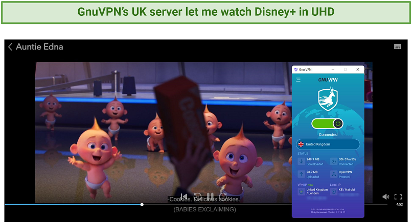 A screenshot showing GnuVPN's UK server unblocked Disney+