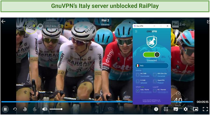 A screenshot showing GnuVPN unblocked RaiPlay